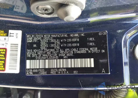 2020 Toyota Highlander L z USA, uszkodzony, nr VIN 5TDCZRAH1LS009495